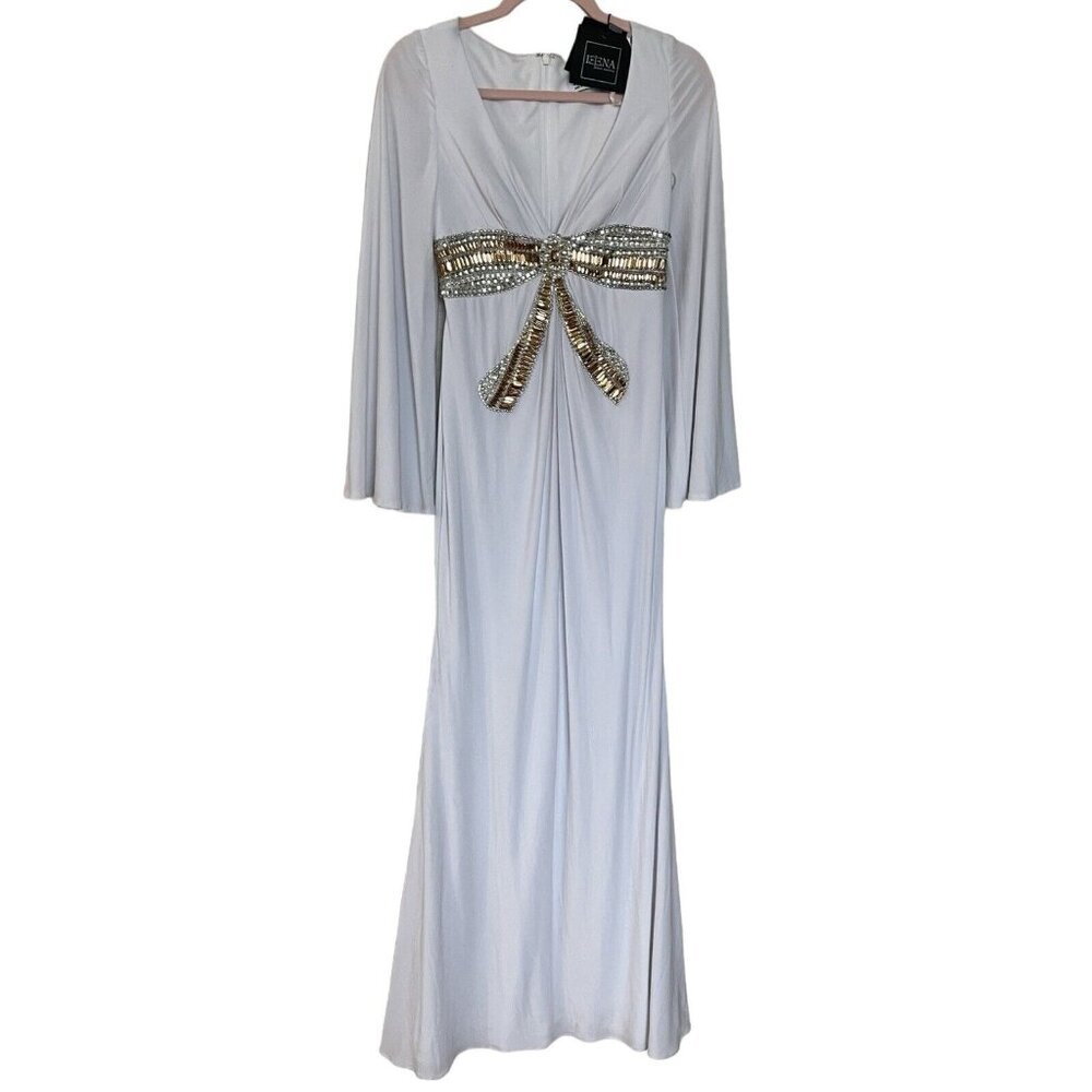 Ieena Mac Duggal Dress Gown Size 2 White Gold Silver Jeweled Waist Holiday 42060